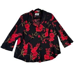 En Focus Studio Shirt Womens 24W Black Red Floral Long Sleeve Button Up Career